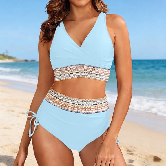 Women High Waisted Bikini Sets Two Piece Swimsuit for Women Tummy Control Swimsuits Color Block Drawstring Bathing Suit