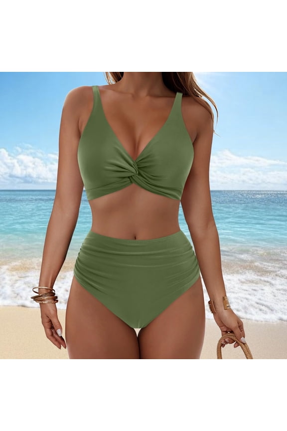 Women High Waisted Bikini Sets V Neck Cross Twist Front Two Piece Swimsuit Tummy Control Bathing Suit Army Green S