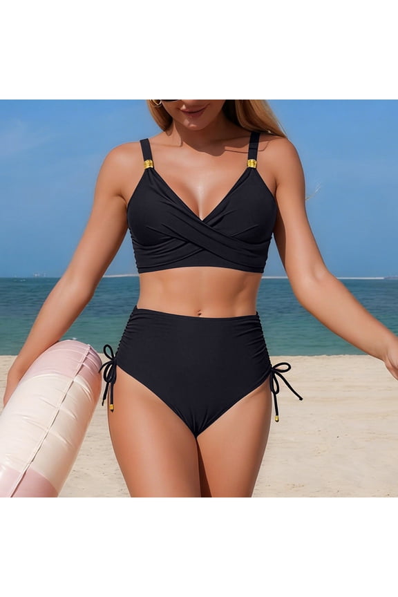 Women High Waisted Bikini Sets V Neck Cross Twist Front Two Piece Swimsuit Tummy Control Bathing Suit Black M