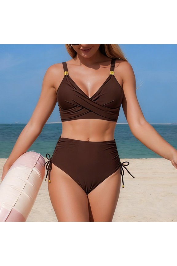 Women High Waisted Bikini Sets V Neck Cross Twist Front Two Piece Swimsuit Tummy Control Bathing Suit Coffee S
