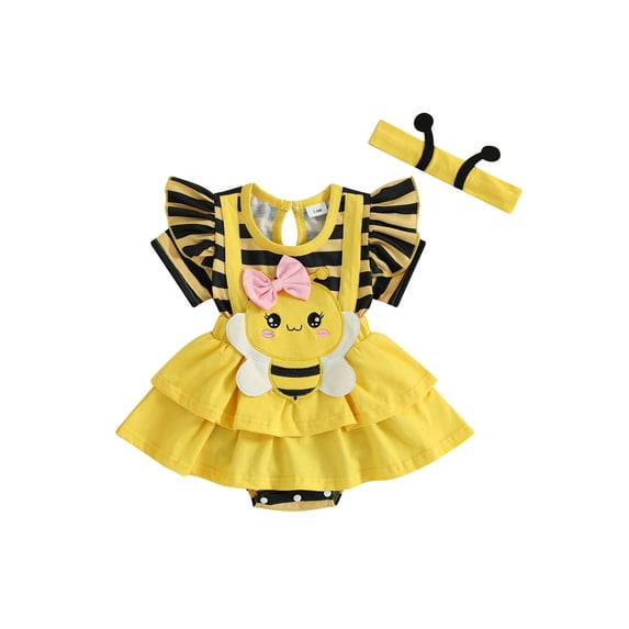 BemeyourBBs Newborn Girl Outfit, Short Sleeve Striped Bee Romper Dress Headband
