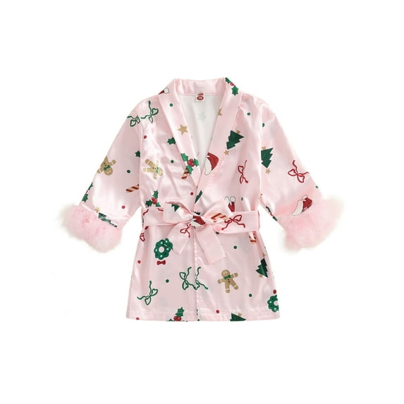 BemeyourBBs Girls Christmas Long Sleeve Belted Christmas Elements Print Bath Robe
