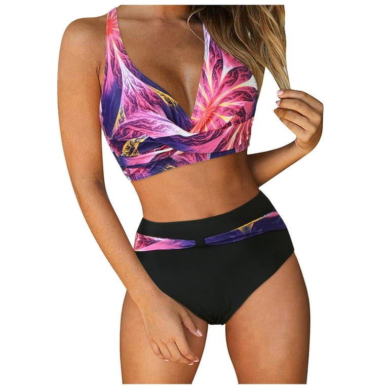 Women High Waisted Bikini Sexy Push Up Two Piece Swim Suit Tops for Juniors Swimsuits Vintage Swimsuit Two Piece Retro Ruched High Waist Print Bra Bathing Suit Tops for Women Bikini Set