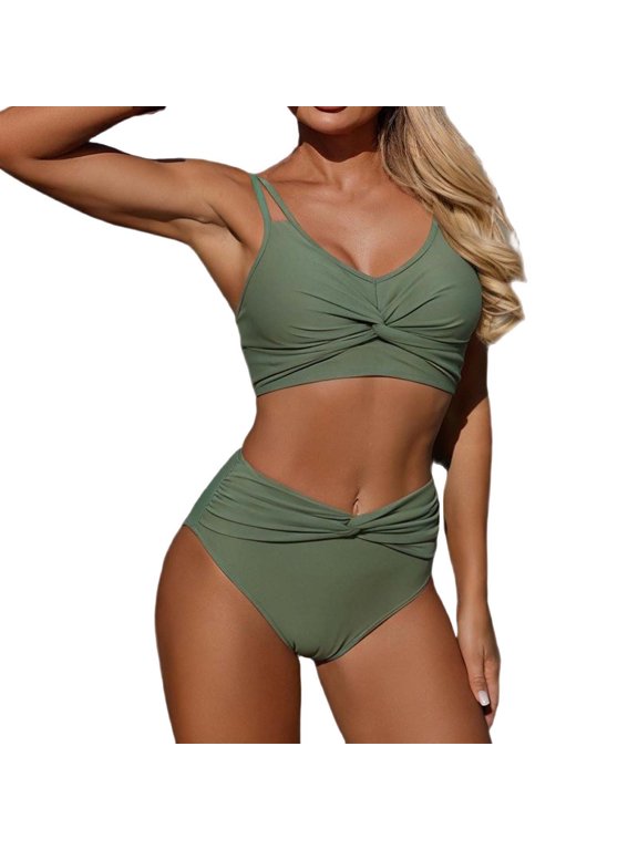 Women High Waisted Bikini Two Piece Swimsuits Fashion Sleeveless Solid Bikini Swimsuit Push-Up Padded Swimwear Swimsuit Blouse Pants V-Neck Knot Front Two-Piece Sets Cruise Trip Swimwear Outfit