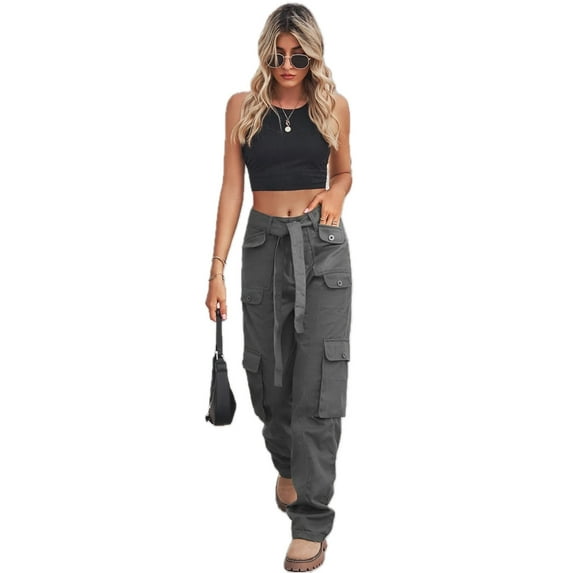 Women High Waisted Cargo Jeans Belted with Pockets Slightly Stretchy Durable Versatile Everyday Outdoor Casual Pants