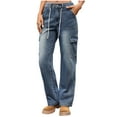 thumbnail image 1 of Women High Waisted Cargo Jeans Straight Wide Leg Comfy Drawstring Jean Casual Baggy Pants With 6 Pockets (XL, Blue), 1 of 5