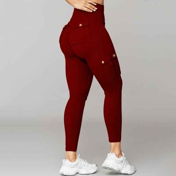 Women High Waisted Cargo Leggings with Multi Pockets Stretchy Quick-dry Yoga Pants Butt-Lift Workout Jogging Pants (Medium, Wine)