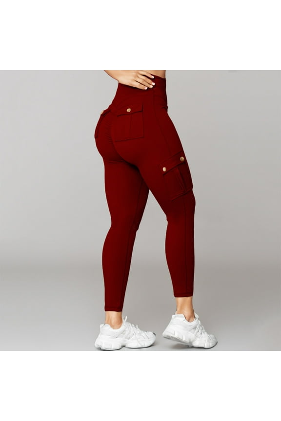 Women High Waisted Cargo Leggings with Multi Pockets Stretchy Quick-dry Yoga Pants Butt-Lift Workout Jogging Pants (Medium, Wine)