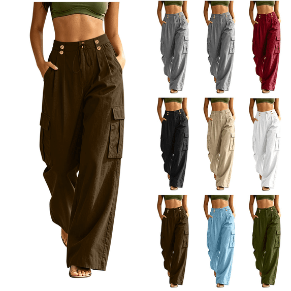 Women High Waisted Cargo Pants Casual Solid Color Straight Leg Long Pants With Multiple Pockets Back Elastic Waist Baggy Stretchy Pant
