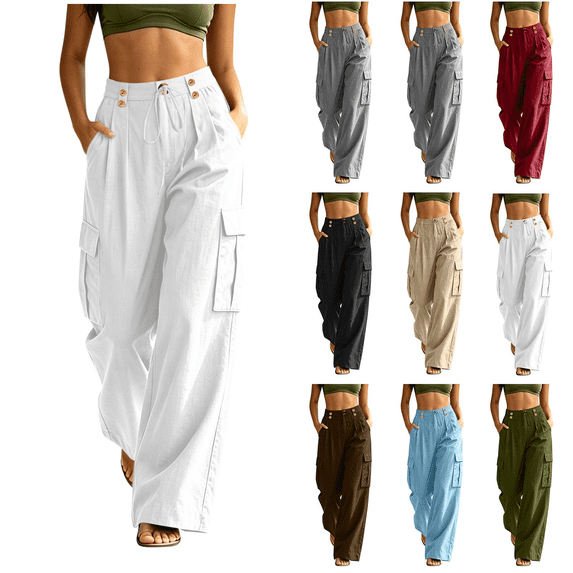 Women High Waisted Cargo Pants Casual Solid Color Straight Leg Long Pants With Multiple Pockets Back Elastic Waist Baggy Stretchy Pant