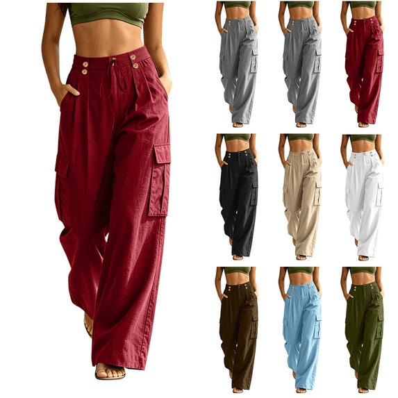 Women High Waisted Cargo Pants Casual Solid Color Straight Leg Long Pants With Multiple Pockets Back Elastic Waist Baggy Stretchy Pant