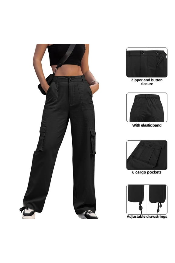 Women High Waisted Cargo Pants Stretchy Wide Leg Casual Chino Pants Outdoor Hiking Travel Trousers with Pockets Black S
