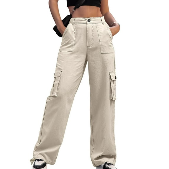 Women High Waisted Cargo Pants Wide Leg Casual Active Pants with Pockets Stretchy Outdoor Hiking Trousers Streetwear Beige M