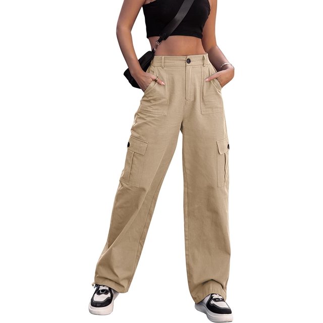 Women High Waisted Cargo Pants Wide Leg Casual Pants 6 Pockets Combat Military Trousers