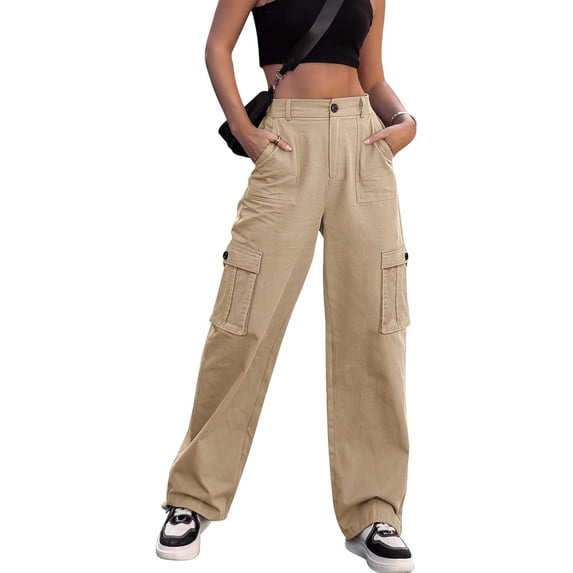 Women High Waisted Cargo Pants Wide Leg Casual Pants 6 Pockets Combat Military Trousers