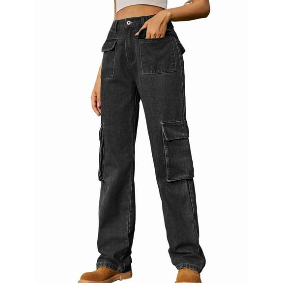 Women High Waisted Cargo Pants Wide Leg Casual Pants 6 Pockets Trousers Black Grey L