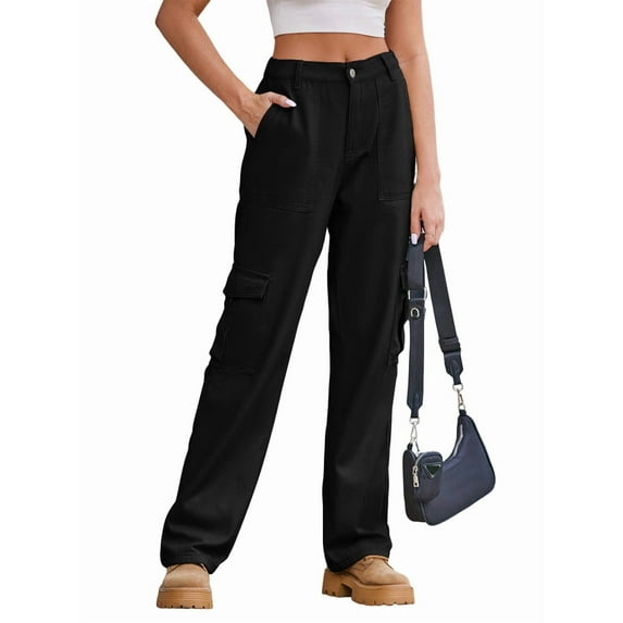 Women High Waisted Cargo Pants Wide Leg Casual Pants 6 Pockets Trousers Black L