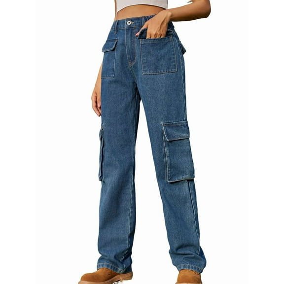 Women High Waisted Cargo Pants Wide Leg Casual Pants 6 Pockets Trousers Blue L
