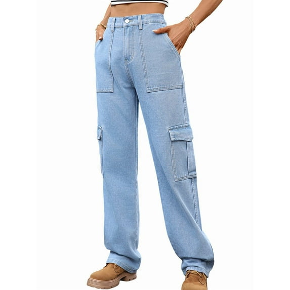 Women High Waisted Cargo Pants Wide Leg Casual Pants 6 Pockets Trousers Denim Blue L