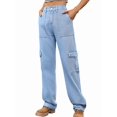 thumbnail image 1 of Women High Waisted Cargo Pants Wide Leg Casual Pants 6 Pockets Trousers Denim Blue XL, 1 of 6