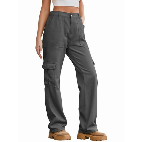 Women High Waisted Cargo Pants Wide Leg Casual Pants 6 Pockets Trousers Grey L