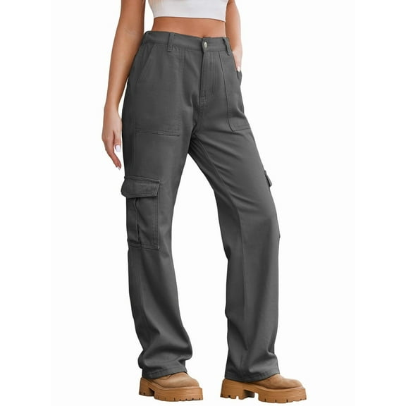 Women High Waisted Cargo Pants Wide Leg Casual Pants 6 Pockets Trousers Grey XXL