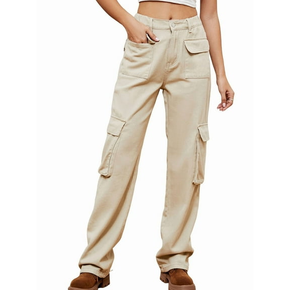 Women High Waisted Cargo Pants Wide Leg Casual Pants 6 Pockets Trousers Shallow Khaki XL