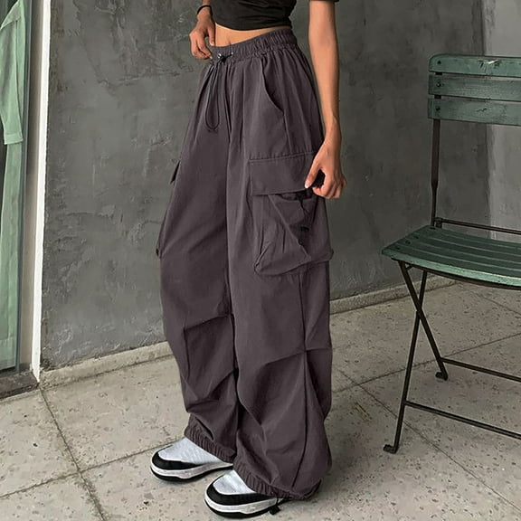 Women High Waisted Cargo Pants Wide Leg Casual Pants with Pockets Military Trousers Gray S