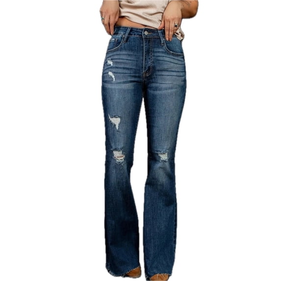 Women High Waisted Distressed Flare Jeans Stretch Denim Bootcut Retro Style For Everyday Wear Comfortable Fit Now