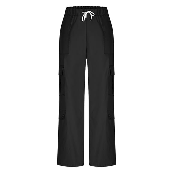 Women High Waisted Drawstring Wide Leg Cargo Pants 2025 Trendy Casual Baggy Joggers Pants with Pockets Black S