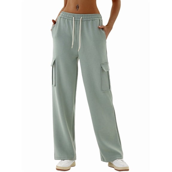 Women High Waisted Drawstring Wide Leg Cargo Pants Trendy Casual Baggy Joggers Pants with Pockets Bean Green L