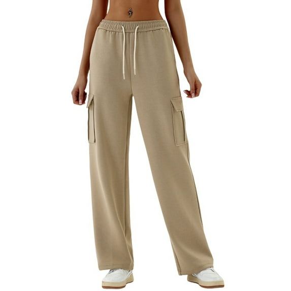 Women High Waisted Drawstring Wide Leg Cargo Pants Trendy Casual Baggy Joggers Pants with Pockets Cocoa Color L