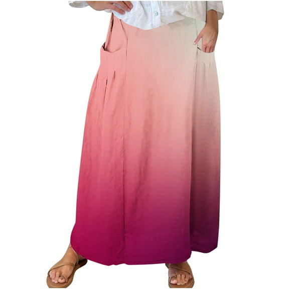 Women High Waisted Elastic Skirts Gradient Maxi Skirts A-Line Casual Skirt 2024 Trendy