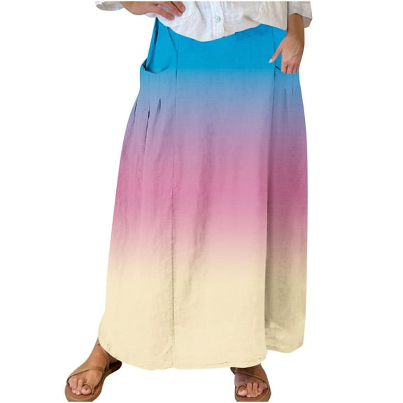 Women High Waisted Elastic Skirts Gradient Maxi Skirts A-Line Casual Skirt 2024 Trendy