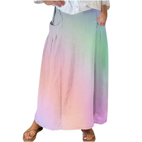 Women High Waisted Elastic Skirts Gradient Maxi Skirts A-Line Casual Skirt 2024 Trendy