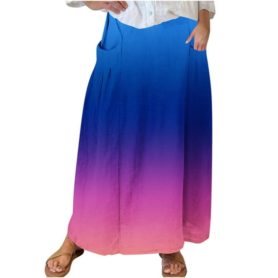 Women High Waisted Elastic Skirts Gradient Maxi Skirts A-Line Casual Skirt 2024 Trendy