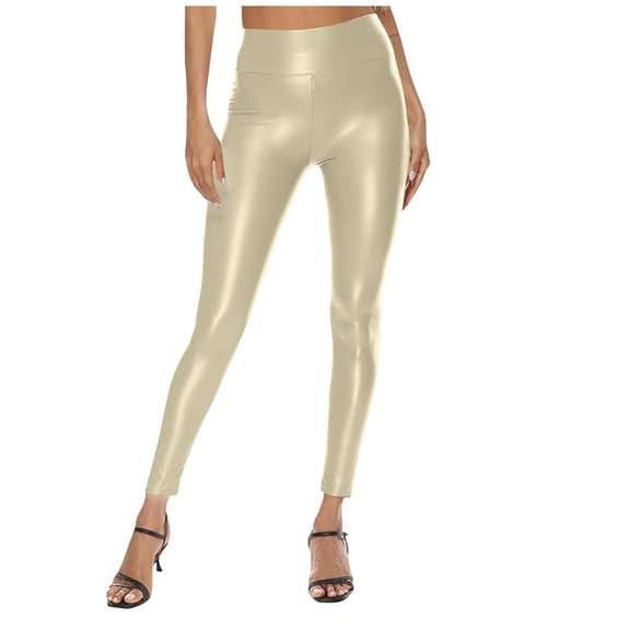 Women High Waisted Faux Leather Leggings Butt Lifting Stretchy PU Pants Tights for Casual Beige M
