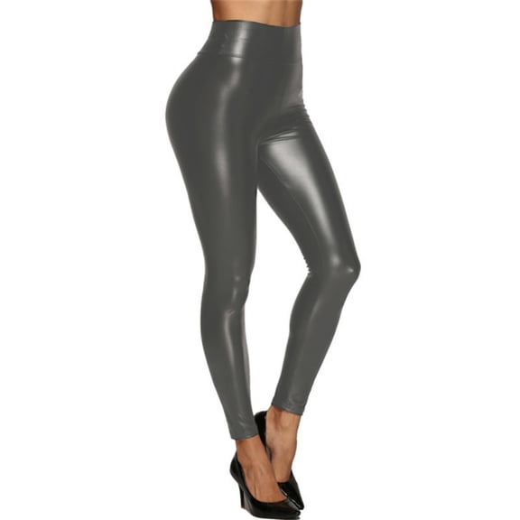 Women High Waisted Faux Leather Leggings Butt Lifting Stretchy PU Pants Tights for Casual Gray XXL