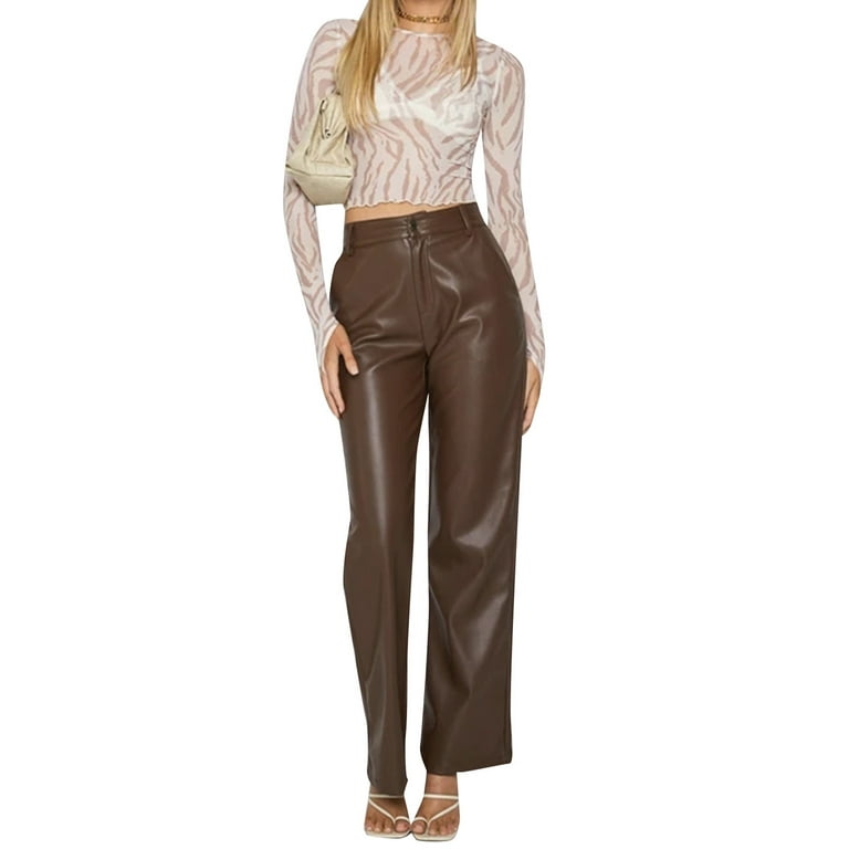 Women High Waisted Faux Leather Pants Vintage Straight Wide Leg Leggings  Loose Fit Trousers with Pockets 90s Streetwear 