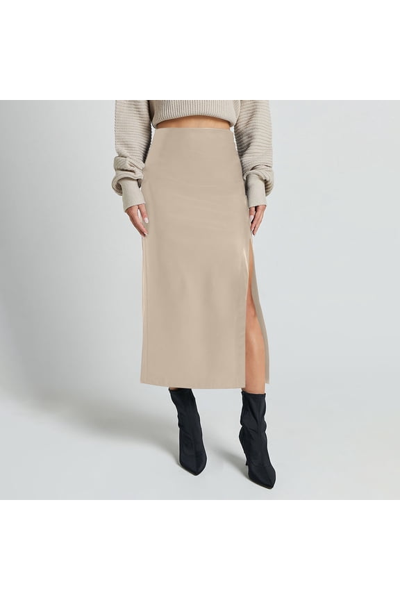 Women High Waisted Faux Leather Side Slit Skirt Pu Leather Bodycon Split Thigh Long Skirt Beige M