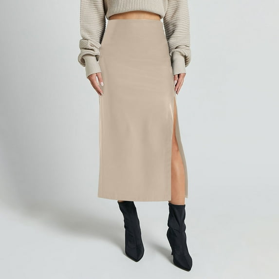 Women High Waisted Faux Leather Side Slit Skirt Pu Leather Bodycon Split Thigh Long Skirt Beige Xl