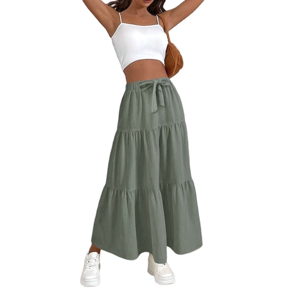 Women High Waisted Flowy Tiered Linen Skirt Casual Pleated A-Line Beach Long Skirts with Tie