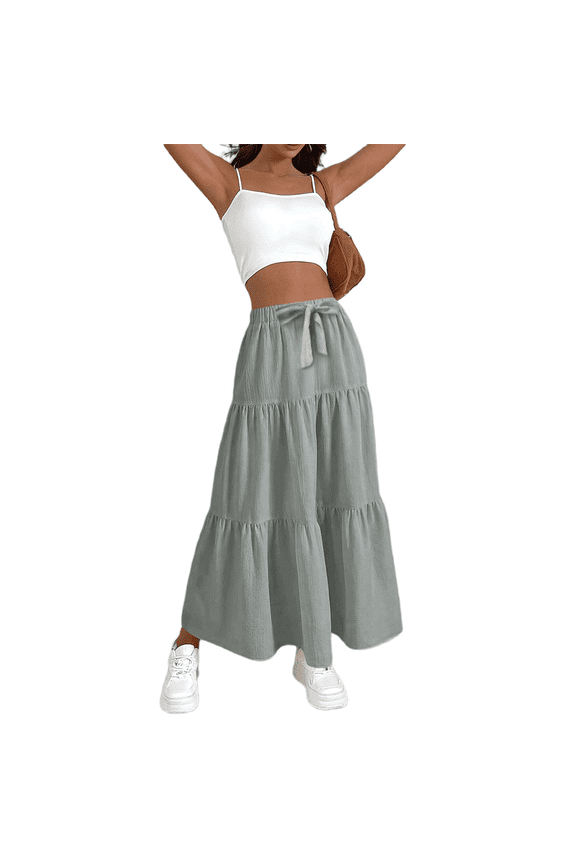 Women High Waisted Flowy Tiered Linen Skirt Casual Pleated A-Line Beach Long Skirts with Tie Grey L