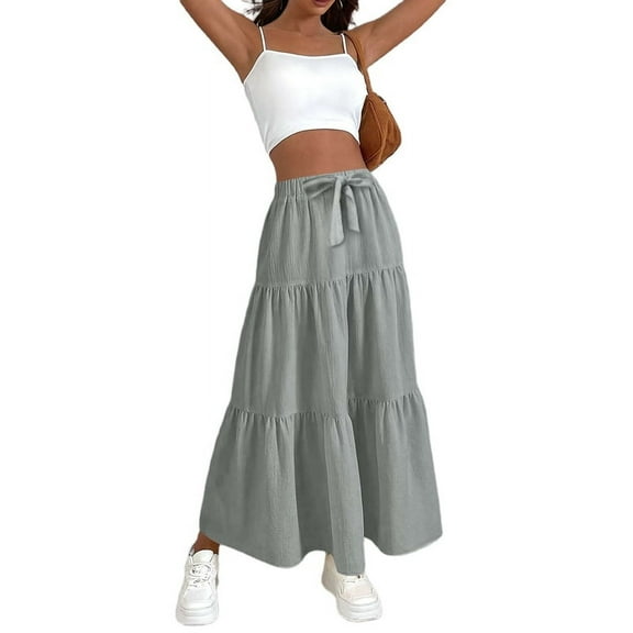 Women High Waisted Flowy Tiered Linen Skirt Casual Pleated A-Line Beach Long Skirts with Tie Grey L