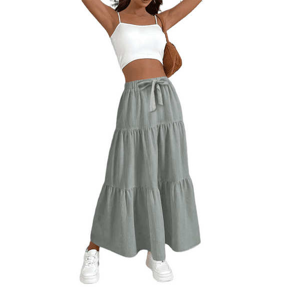 Women High Waisted Flowy Tiered Linen Skirt Casual Pleated A-Line Beach Long Skirts with Tie Grey XL