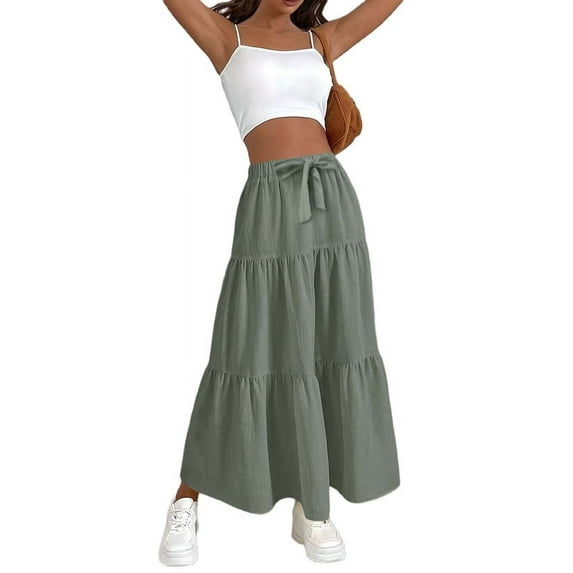 Women High Waisted Flowy Tiered Linen Skirt Casual Pleated A-Line Beach Long Skirts with Tie Green XXL