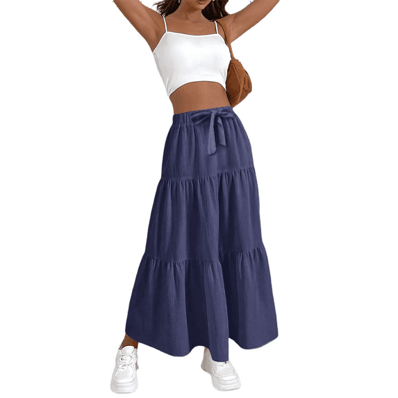 Women High Waisted Flowy Tiered Linen Skirt Casual Pleated A-Line Beach Long Skirts with Tie Navy Blue L