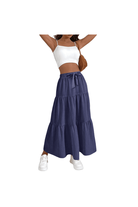 Women High Waisted Flowy Tiered Linen Skirt Casual Pleated A-Line Beach Long Skirts with Tie Navy Blue XXL