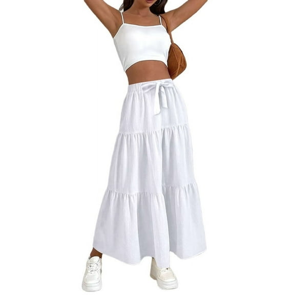 Women High Waisted Flowy Tiered Linen Skirt Casual Pleated A-Line Beach Long Skirts with Tie White XXL
