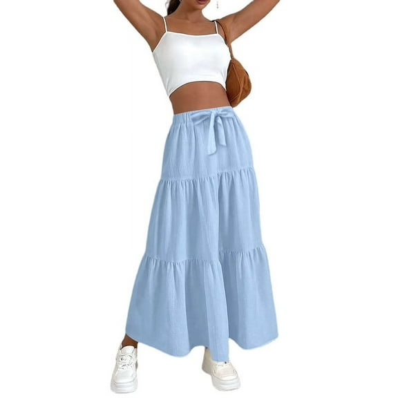 Women High Waisted Flowy Tiered Linen Skirt Casual Pleated A-Line Beach Long Skirts with Tie XL